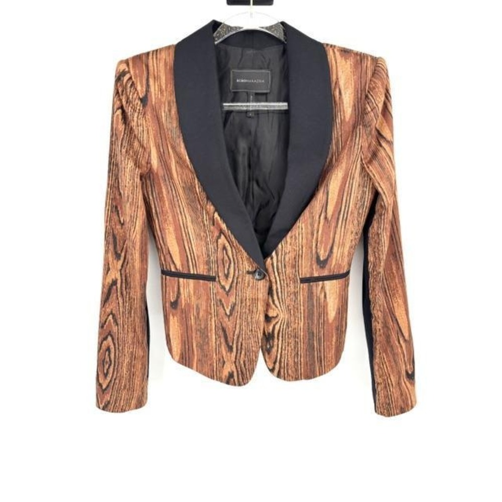 BCBG Bowie‎ Wood Grain Print Open Front Blazer Jacket Black Brown Mixed Media